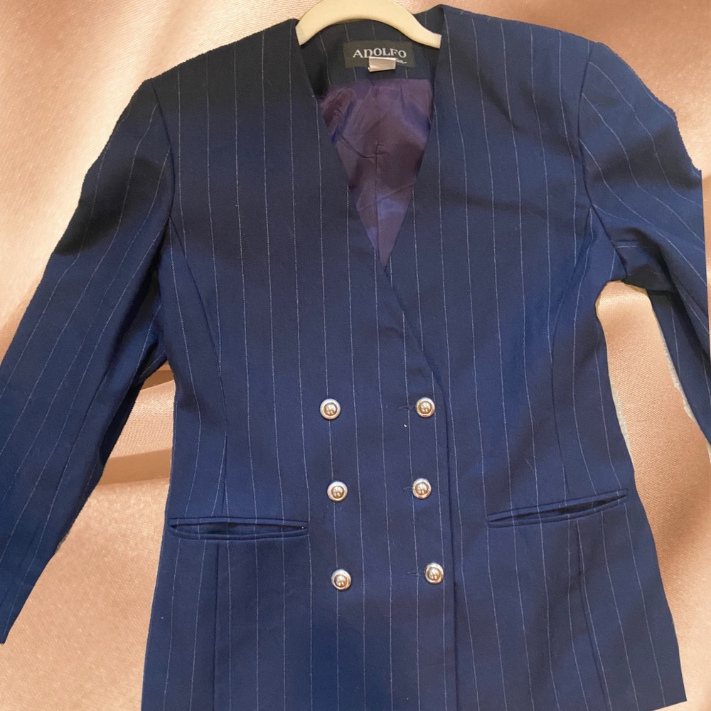 Adolfo Vintage Blazer navy blue pinstripe silver buttons size M